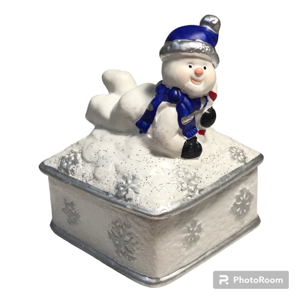 Vintage Ceramic Snowman Snowflake Christmas Trinket Box Jewelry Blue WhiteSilver